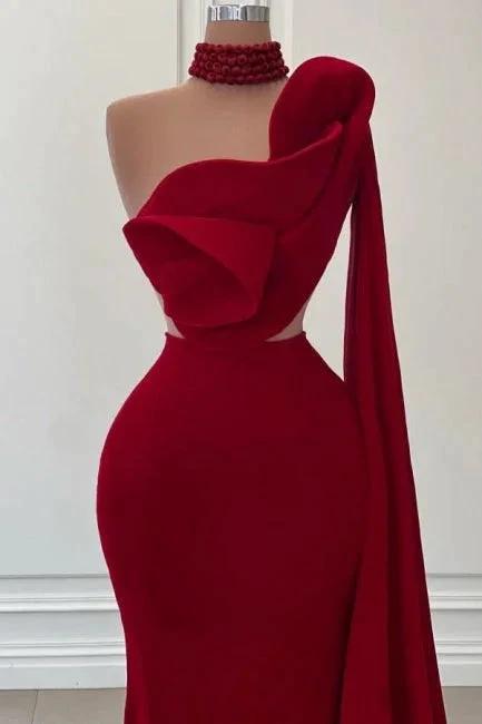 Fabulous Long Burgundy One Shoulder Mermaid Sleeveless Prom Dresses with Ruffles by misshow.com