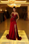 Fabulous Long Burgundy V-neck Lace Satin Prom Dress with Slit by misshow.com