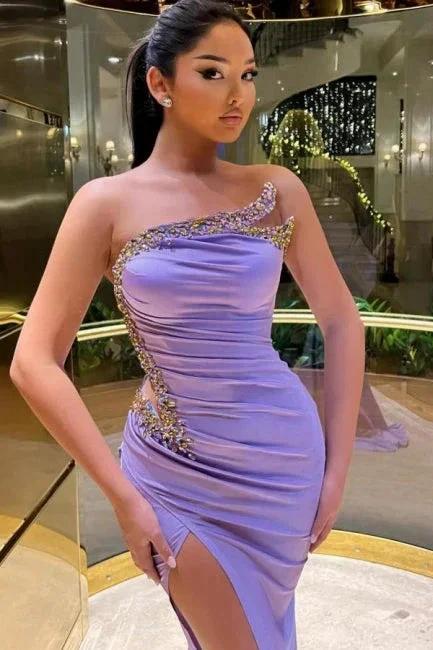 Fabulous Long Lilac Strapless Beading Mermaid Satin Prom Dress With Slit by misshow.com