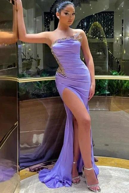 Fabulous Long Lilac Strapless Beading Mermaid Satin Prom Dress With Slit by misshow.com
