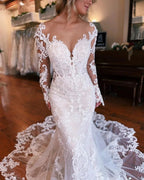 Fabulous Long Mermaid Backless V-neck Lace Wedding Dress With Detachable Train by misshow.com