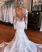 Fabulous Long Mermaid Backless V-neck Lace Wedding Dress With Detachable Train by misshow.com