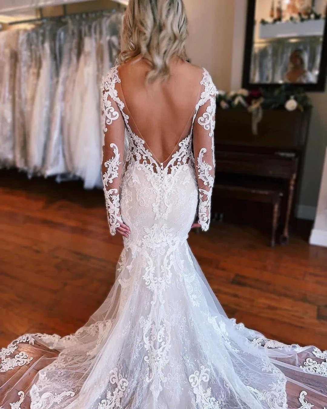 Fabulous Long Mermaid Backless V-neck Lace Wedding Dress With Detachable Train by misshow.com