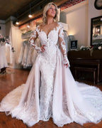 Fabulous Long Mermaid Backless V-neck Lace Wedding Dress With Detachable Train by misshow.com