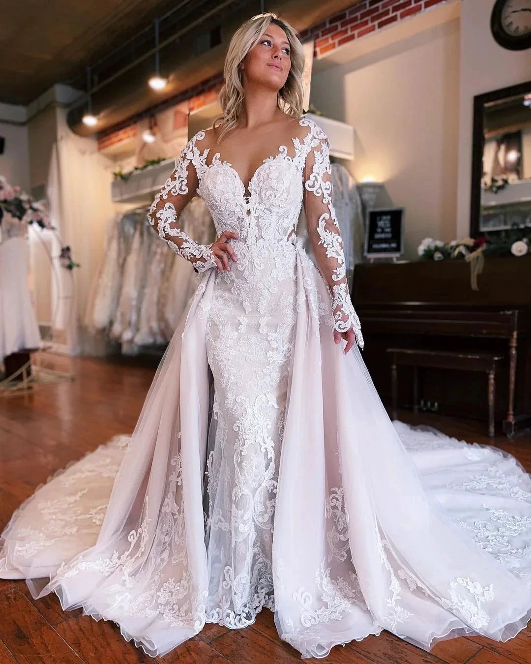 Fabulous Long Mermaid Backless V-neck Lace Wedding Dress With Detachable Train by misshow.com