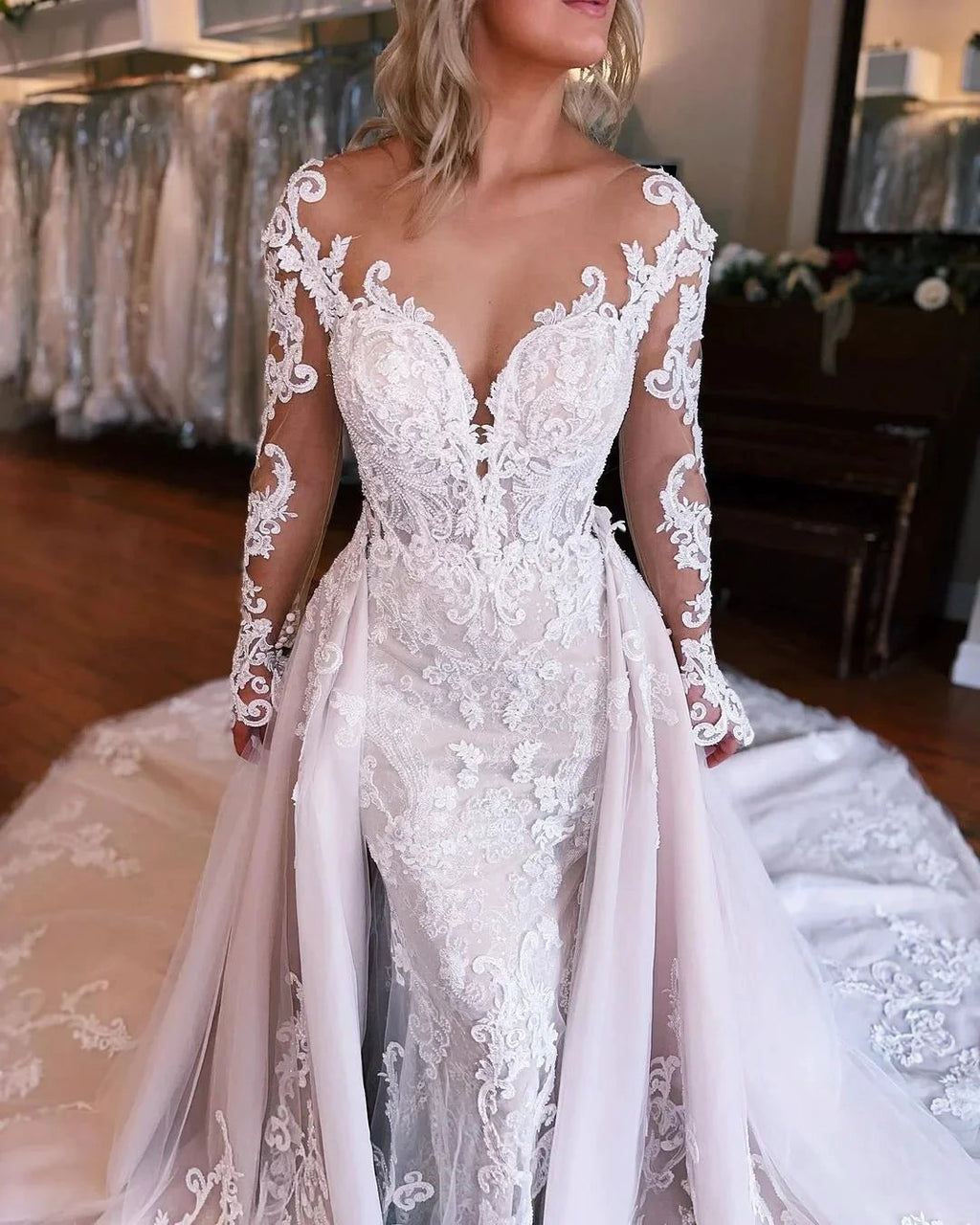 Fabulous Long Mermaid Backless V-neck Lace Wedding Dress With Detachable Train by misshow.com