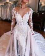Fabulous Long Mermaid Backless V-neck Lace Wedding Dress With Detachable Train by misshow.com