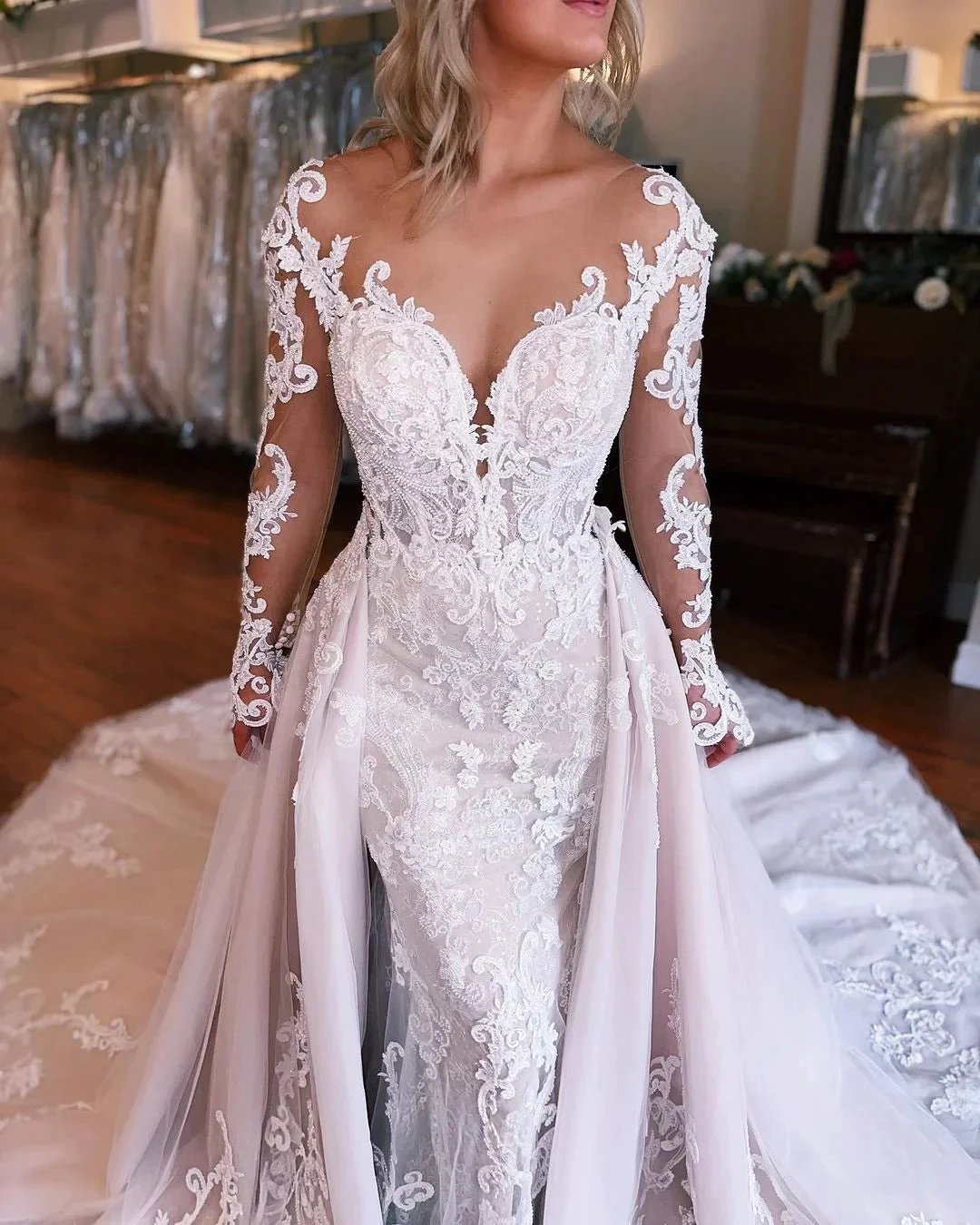 Fabulous Long Mermaid Backless V-neck Lace Wedding Dress With Detachable Train by misshow.com