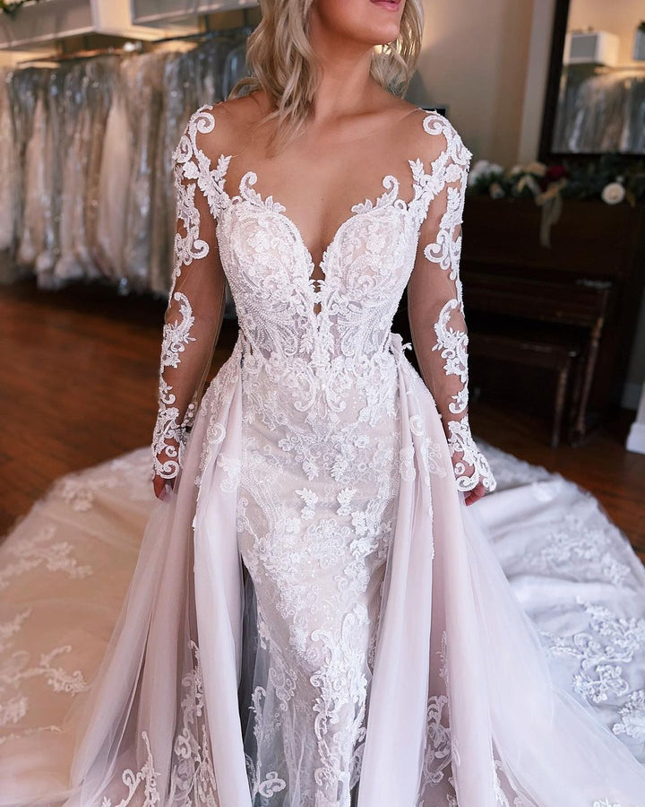 Fabulous Long Mermaid Backless V-neck Lace Wedding Gown With Detachable Train