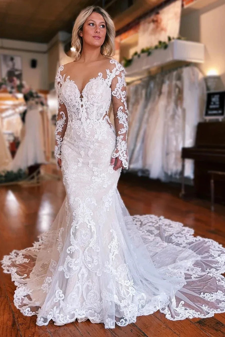 Fabulous Long Mermaid Backless V-neck Lace Wedding Dress With Detachable Train by misshow.com
