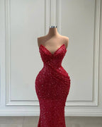 Fabulous Long Red V-neck Sequined Sleeveless Mermaid Prom Dress by misshow.com