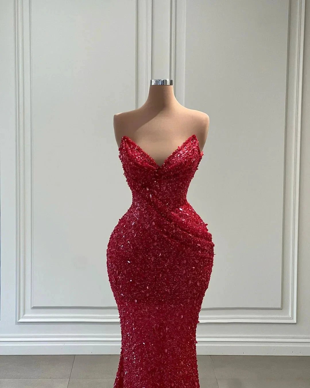 Fabulous Long Red V-neck Sequined Sleeveless Mermaid Prom Dress by misshow.com