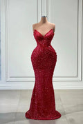 Fabulous Long Red V-neck Sequined Sleeveless Mermaid Prom Dress by misshow.com