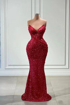 Fabulous Long Red V-neck Sequined Sleeveless Mermaid Prom Dress by misshow.com