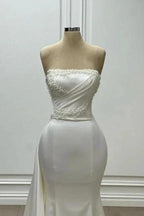 Fabulous Long White Mermaid Sleeveless Strapless Wedding Dress With Pearls by misshow.com