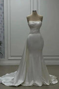 Fabulous Long White Mermaid Sleeveless Strapless Wedding Dress With Pearls by misshow.com