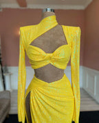 Fabulous Long Yellow Sequined High Neck Long Sleeves Prom Dress With Slit by misshow.com