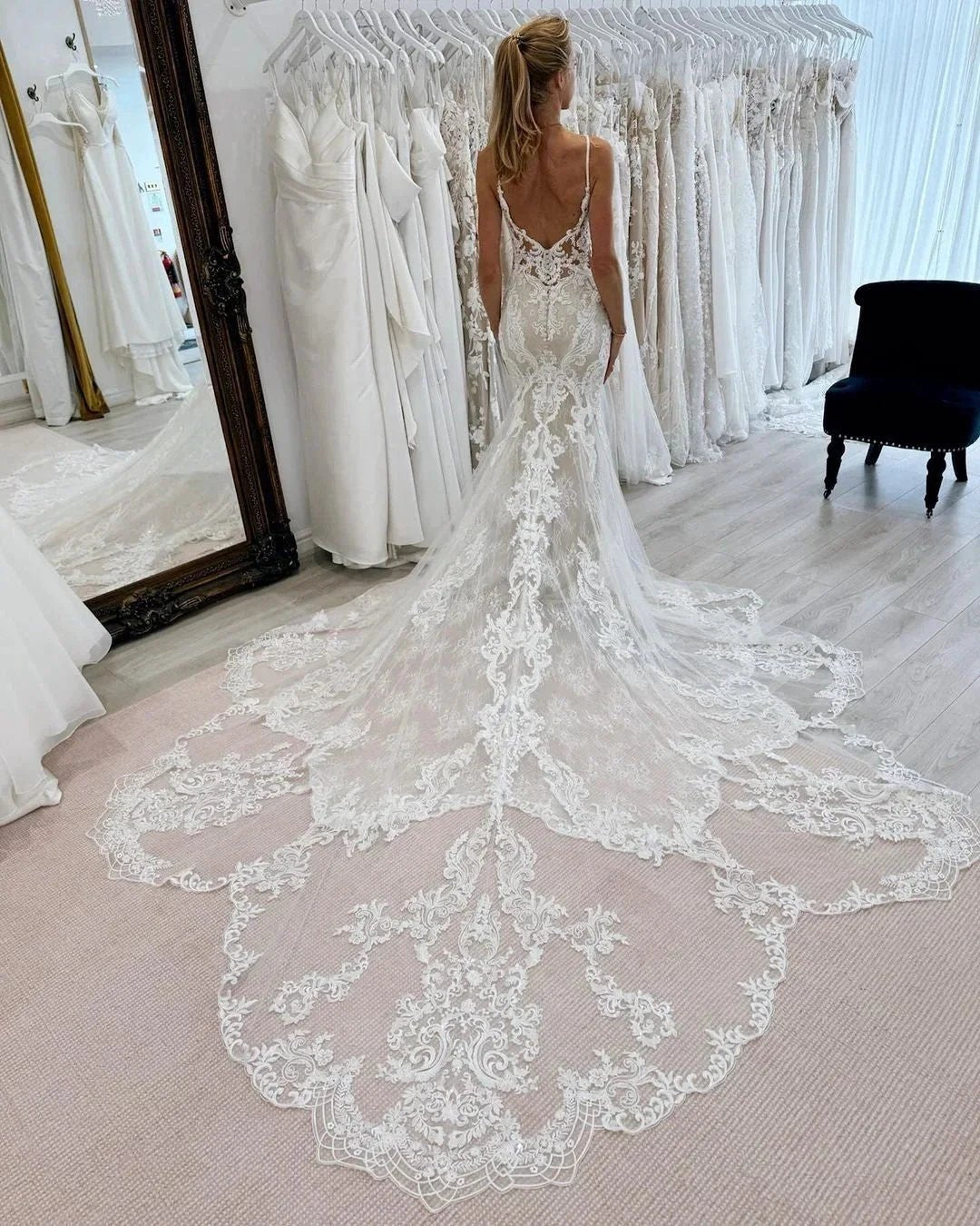 Fabulous Mermaid Tulle Lace Spaghetti Straps Sleeveless White Wedding Dresses With Appliques Train by misshow.com