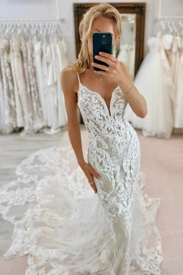 Fabulous Mermaid Tulle Lace Spaghetti Straps Sleeveless White Wedding Dresses With Appliques Train by misshow.com