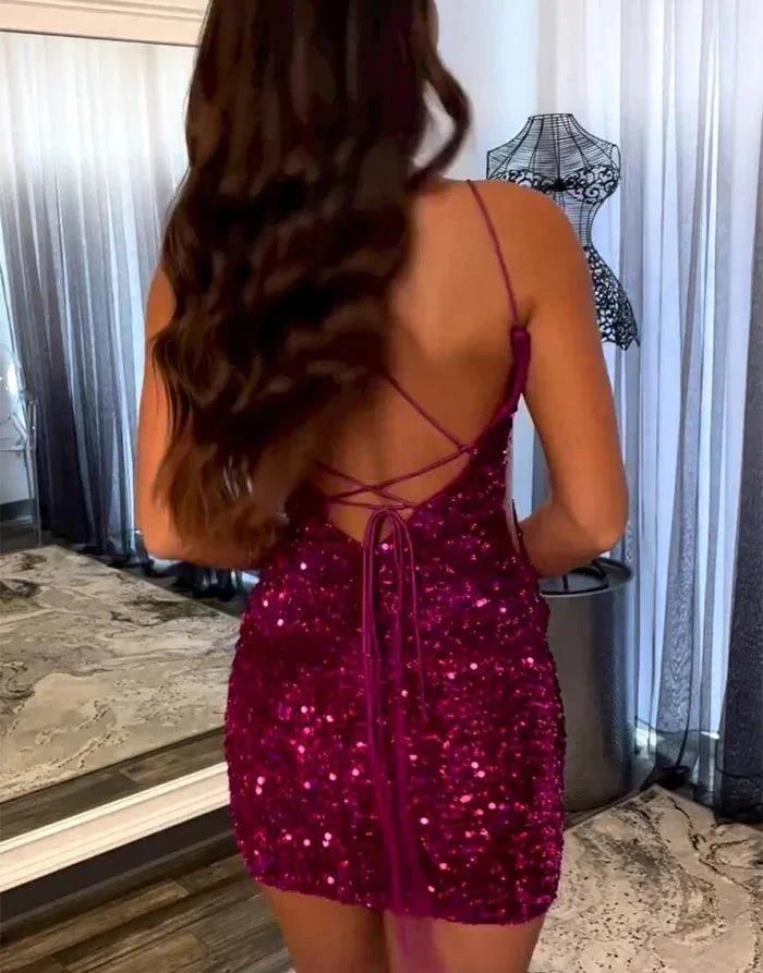 Fabulous Short Column V-neck Sleeveless Sequined Satin Open Back Homecoming Dresses by misshow.com