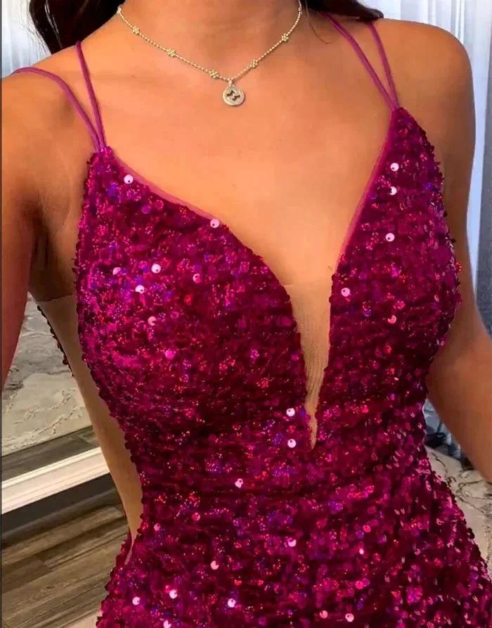 Fabulous Short Column V-neck Sleeveless Sequined Satin Open Back Homecoming Dresses by misshow.com