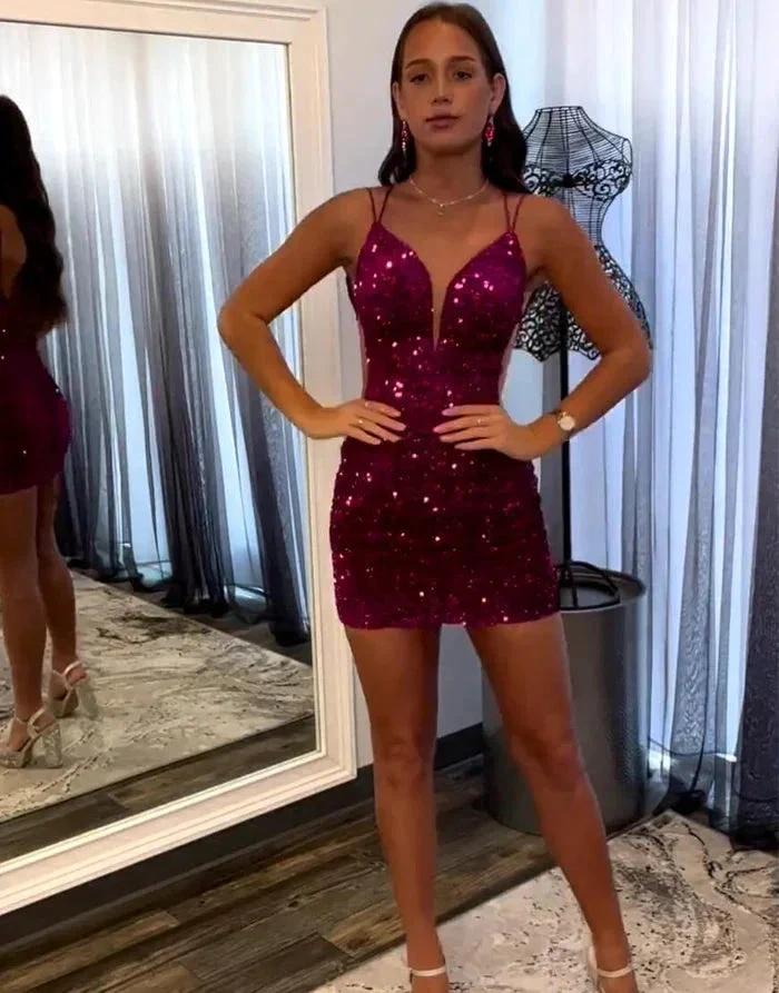 Fabulous Short Column V-neck Sleeveless Sequined Satin Open Back Homecoming Dresses by misshow.com