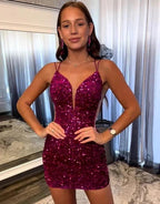 Fabulous Short Column V-neck Sleeveless Sequined Satin Open Back Homecoming Dresses by misshow.com