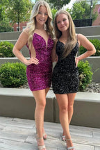 Fabulous Short Column V-neck Sleeveless Sequined Satin Open Back Homecoming Dresses by misshow.com