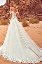 Fabulous White A-line Off Shoulder Tulle Wedding Dresses with Sweep Brush Train MW235 by musebridals