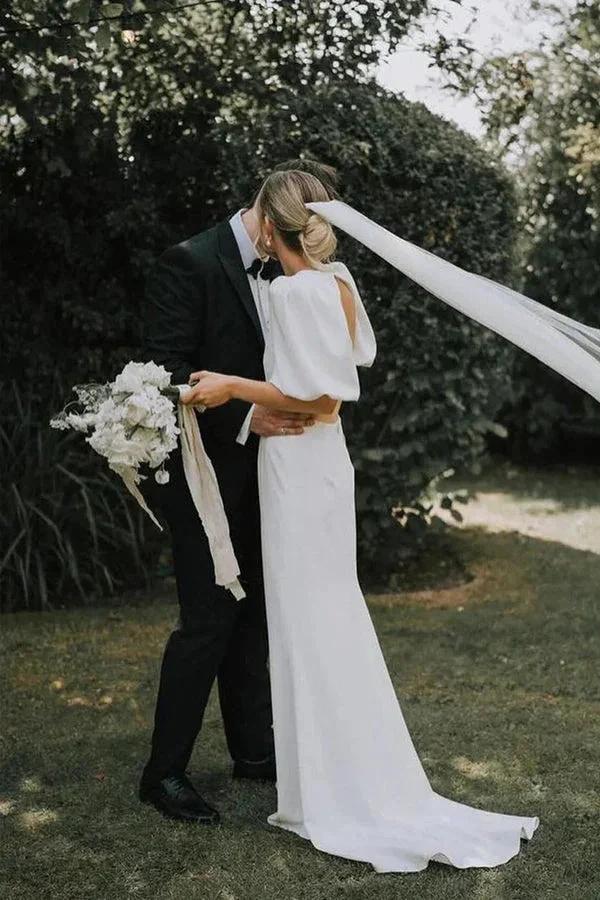 Fairy A Line V Neck Elastic Satin Modest Wedding Dress WD757 by pgmdress