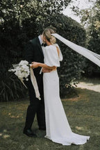 Fairy A Line V Neck Elastic Satin Modest Wedding Dress WD757 by pgmdress