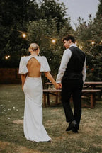Fairy A Line V Neck Elastic Satin Modest Wedding Dress WD757 by pgmdress
