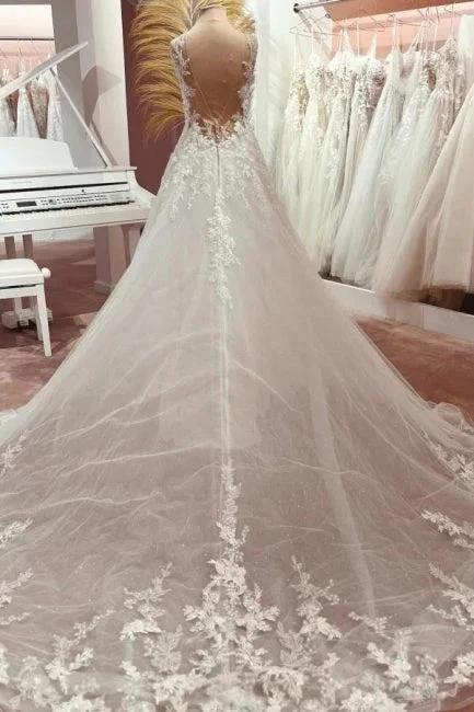 Fashion Long A-line V-neck Lace Tulle Wedding Dress with Train by misshow.com