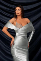 Fashion Long Silver Mermaid Off-the-shoulder Lace Prom Dress With Long Sleeve by misshow.com