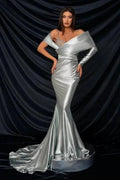 Fashion Long Silver Mermaid Off-the-shoulder Lace Prom Dress With Long Sleeve by misshow.com