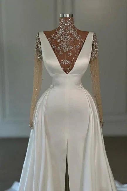 Fashion Long White A-line High Neck Lace Glitter Split Front Prom Dresses with Long Sleeves by misshow.com