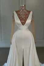 Fashion Long White A-line High Neck Lace Glitter Split Front Prom Dresses with Long Sleeves by misshow.com