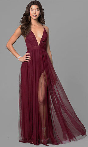 V-Ausschnitt, sexy, rückenfreies Spaghettiträger-Ballkleid mit Schlitz, SYP169