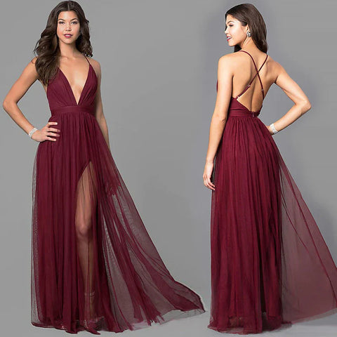 V-Ausschnitt, sexy, rückenfreies Spaghettiträger-Ballkleid mit Schlitz, SYP169