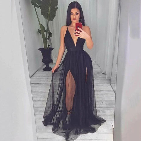 V-Ausschnitt, sexy, rückenfreies Spaghettiträger-Ballkleid mit Schlitz, SYP169