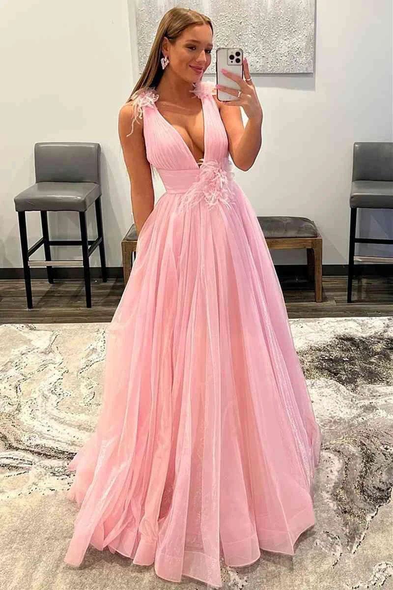 Feathers Backless Pink Plunging V-Neck Tulle Long Formal Dress PSK401 by pgmdress