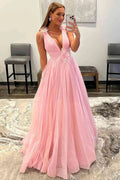 Feathers Backless Pink Plunging V-Neck Tulle Long Formal Dress PSK401 by pgmdress