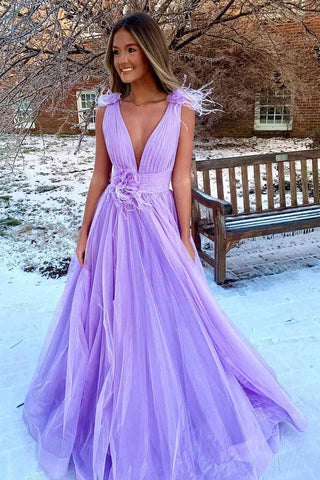 Rückenfreies, langes, formelles Kleid aus Tüll mit tiefem V-Ausschnitt und Federn in Rosa, PSK401