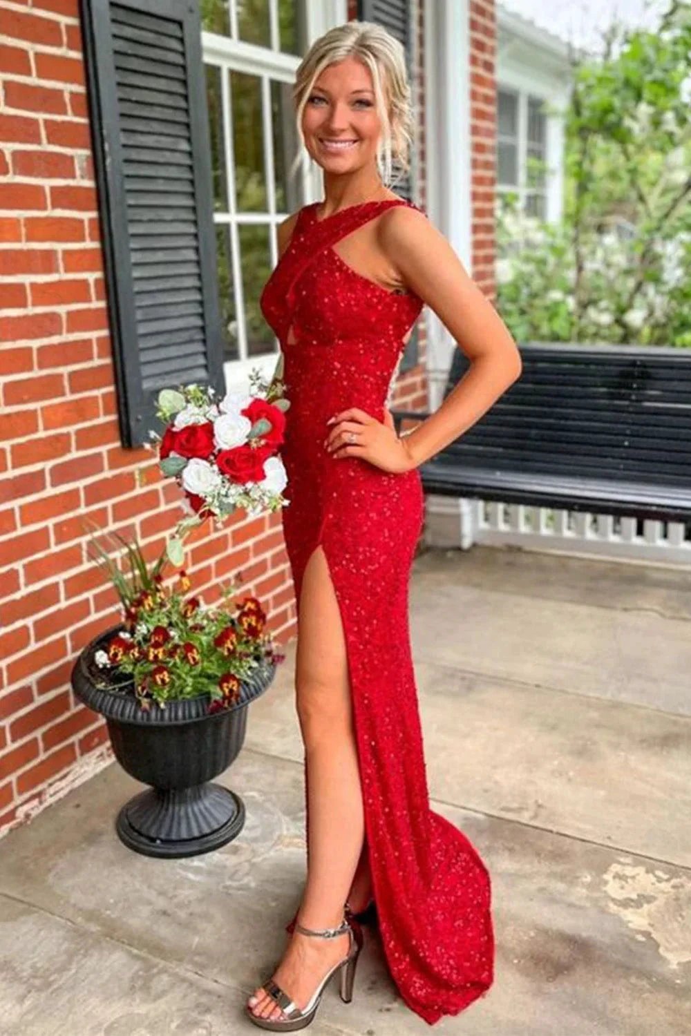 Fitted Criss Coss Neck Orange Prom Dress with Slit SYP88 by vivymakudress