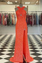 Fitted Criss Coss Neck Orange Prom Dress with Slit SYP88 by vivymakudress