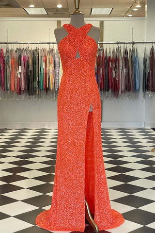 Vestido de fiesta naranja ajustado con escote cruzado y abertura SYP88