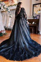 Floor-Length A-Line Split Front Long Sleeves V-Neck Prom Dresses with Appliques by misshow.com