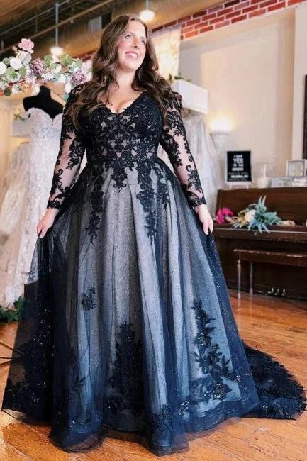Floor-Length A-Line Split Front Long Sleeves V-Neck Prom Dresses with Appliques by misshow.com