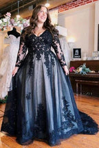 Floor-Length A-Line Split Front Long Sleeves V-Neck Prom Dresses with Appliques by misshow.com