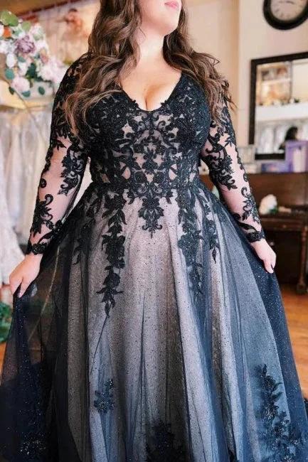 Floor-Length A-Line Split Front Long Sleeves V-Neck Prom Dresses with Appliques by misshow.com